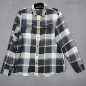 Orvis Shirt Jacket Mens Large Green Blue Plaid Flannel Button Up Shacket Pockets
